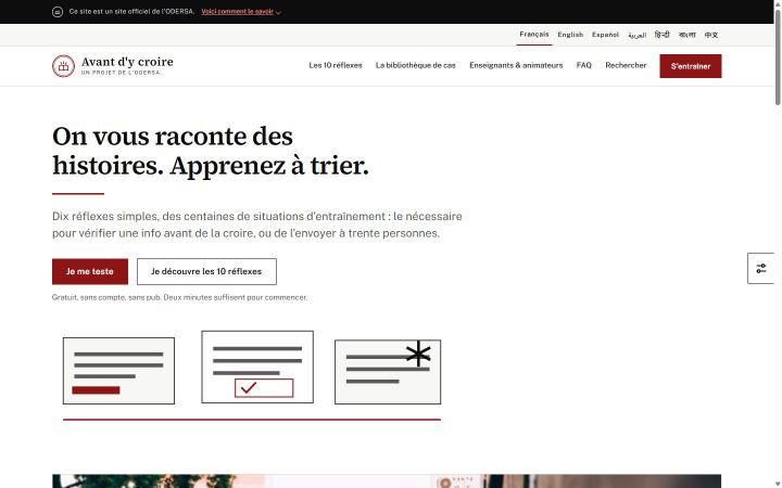 Page d'accueil d'Avant d'y croire : « On vous raconte des histoires. Apprenez à trier. »