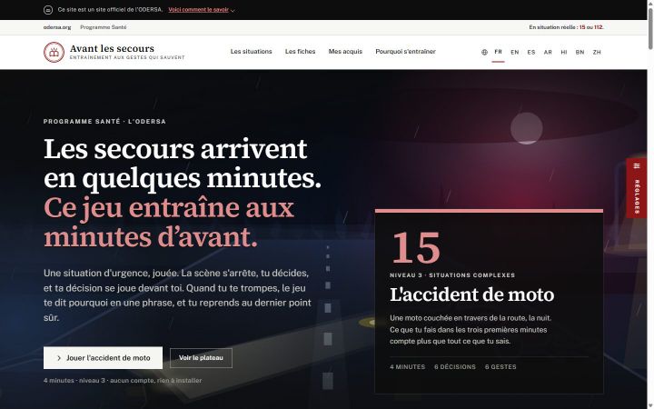 Page d'accueil d'Avant les secours : « Les secours arrivent en quelques minutes. Ce jeu entraîne aux minutes d'avant. »
