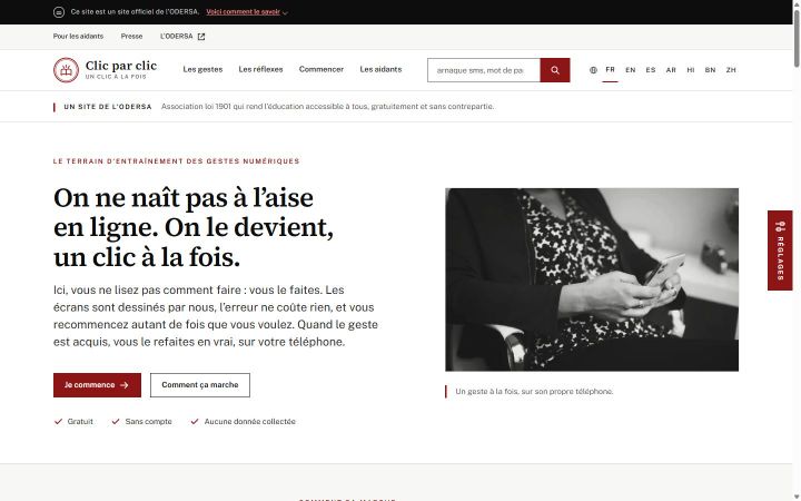 Page d'accueil de Clic par clic : « On ne naît pas à l'aise en ligne. On le devient, un clic à la fois. »