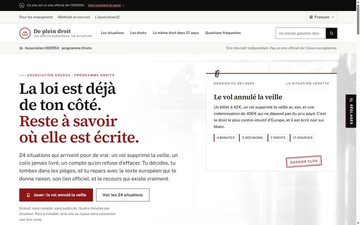 Page d'accueil de De plein droit : « La loi est déjà de ton côté. Reste à savoir où elle est écrite. »