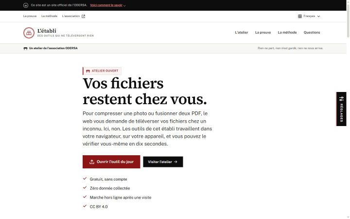Page d'accueil de L'établi : « Vos fichiers restent chez vous. »