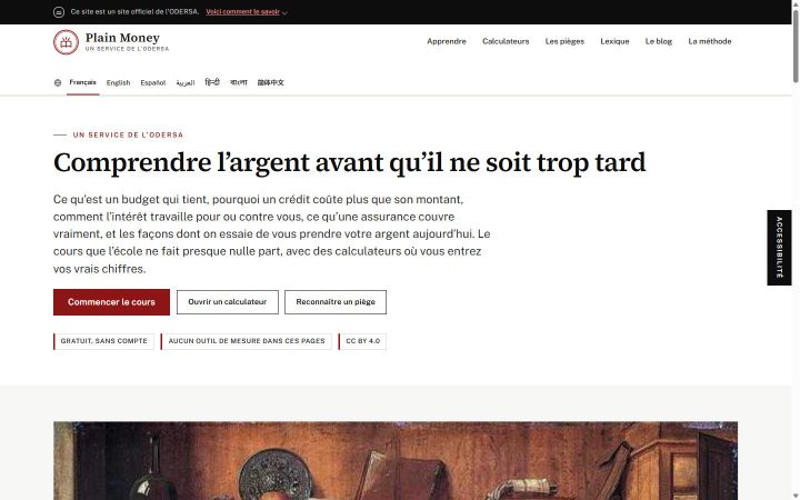 Page d'accueil de money.odersa.org : titre « Comprendre l'argent avant qu'il ne soit trop tard », menu Apprendre, Calculateurs, Les pièges, Lexique