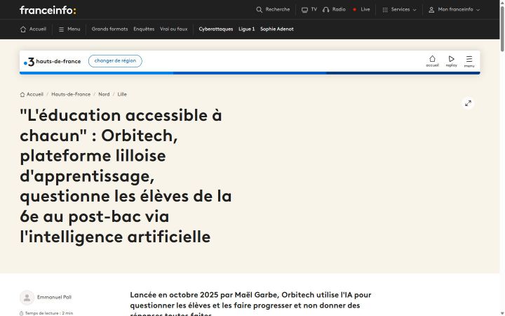 Capture de l'article de France 3 Hauts-de-France du 15 mai 2026 sur la plateforme Orbitech