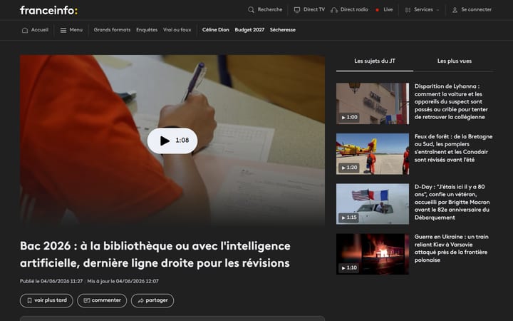 Capture de l'article de franceinfo du 4 juin 2026 sur les révisions du bac