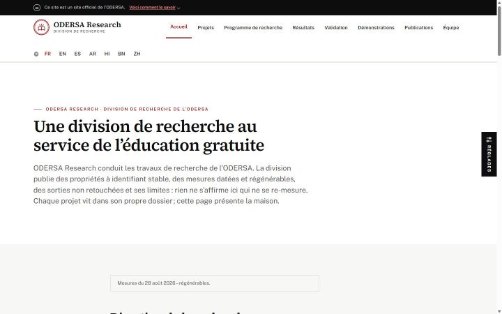 Page d'accueil d'ODERSA Research : titre « Une division de recherche au service de l'éducation gratuite », mesures du 28 août 2026