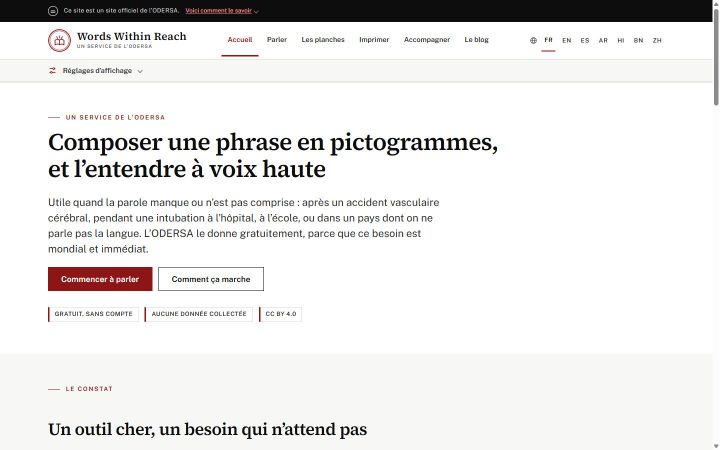 Page d'accueil de Parler en pictogrammes : « Composer une phrase en pictogrammes, et l'entendre à voix haute »