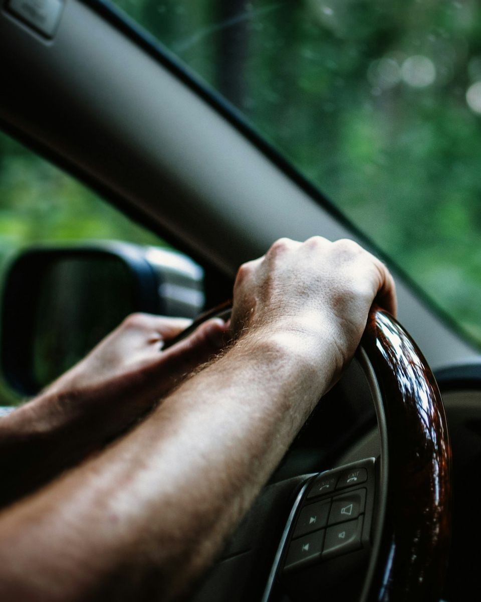 Deux mains sur le volant d'une voiture, une route bordée d'arbres derrière la vitre.